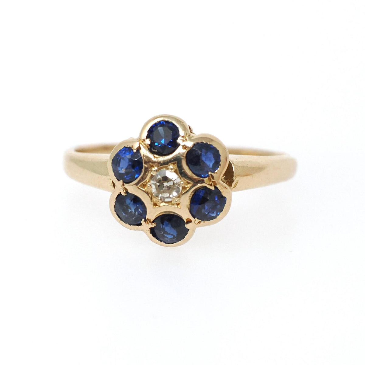 Antique Flower Ring - Edwardian 18k Yellow Gold Blue Sapphire .48 TW Gemstone Cluster - Circa 1910s Era Size 5 1/4 Diamond Fine Halo Jewelry