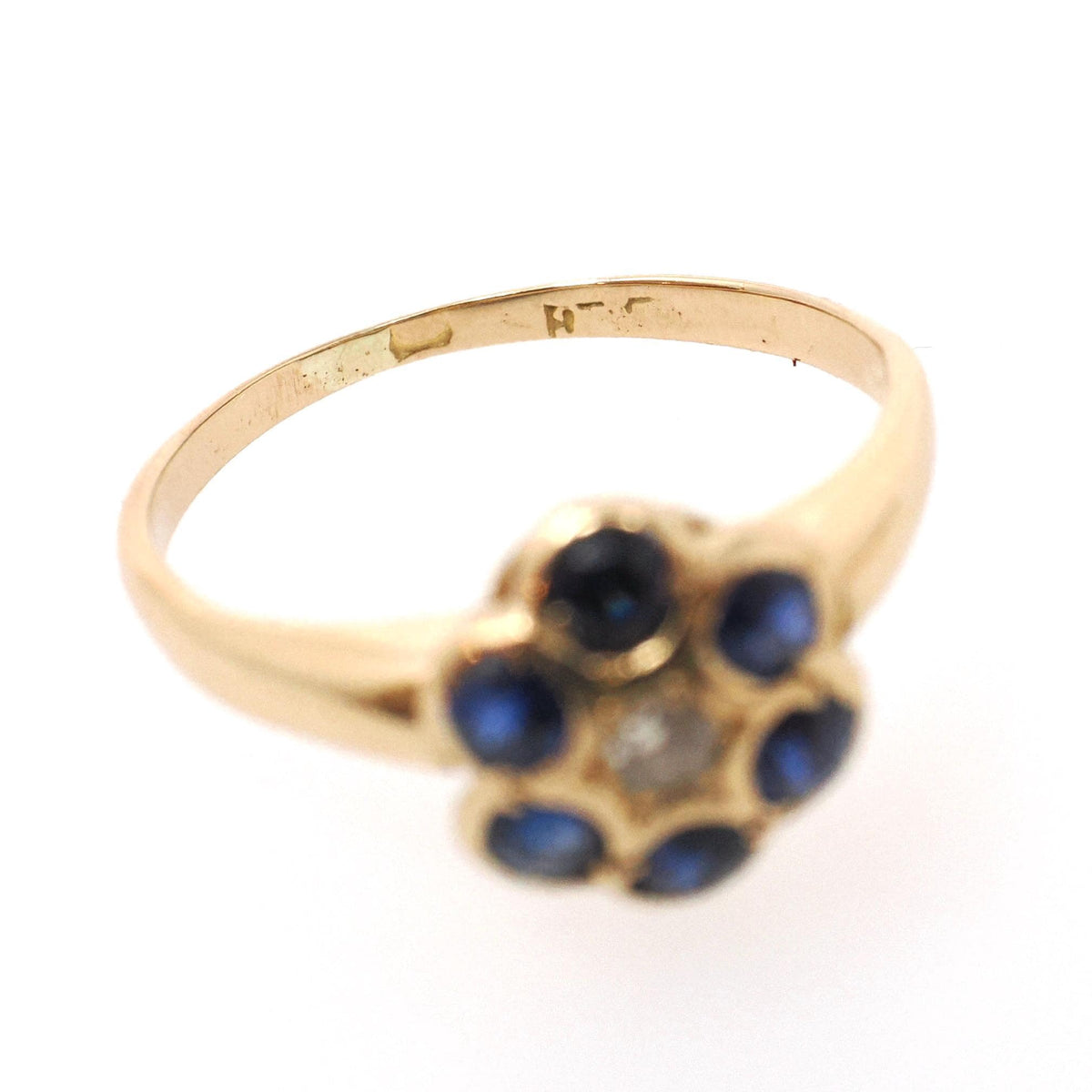 Antique Flower Ring - Edwardian 18k Yellow Gold Blue Sapphire .48 TW Gemstone Cluster - Circa 1910s Era Size 5 1/4 Diamond Fine Halo Jewelry