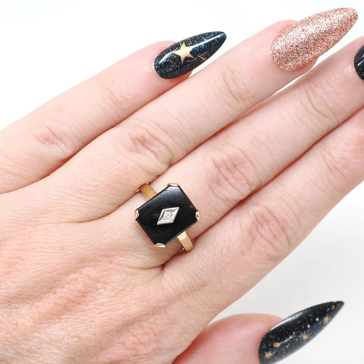 Vintage Onyx Ring - Mid Century 14k Yellow Gold Black Chalcedony Gemstone - Circa 1960s Era Size 6 1/4 Accent Diamond Statement Fine Jewelry