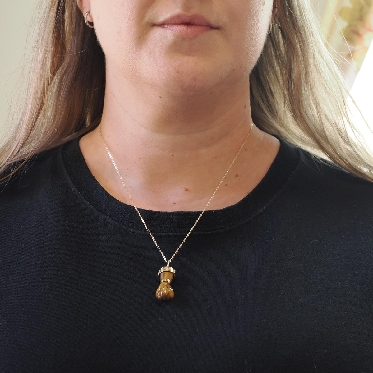 Mano Figa Pendant - Modernist 18k Yellow Gold Natural Tiger's Eye Good Luck Charm - Vintage Circa 1970s Era Symbolic Hand Fine Jewelry