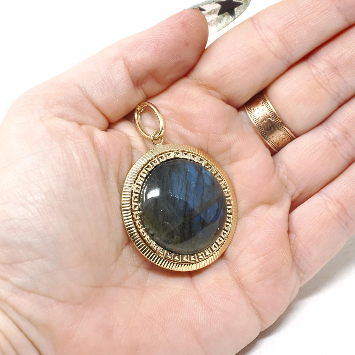 Gemstone Fob Necklace - Contemporary 14k Yellow Gold Double Sided Labradorite & Copper Metallic Druzy Pendant - Circa 2000s Era Fine Jewelry