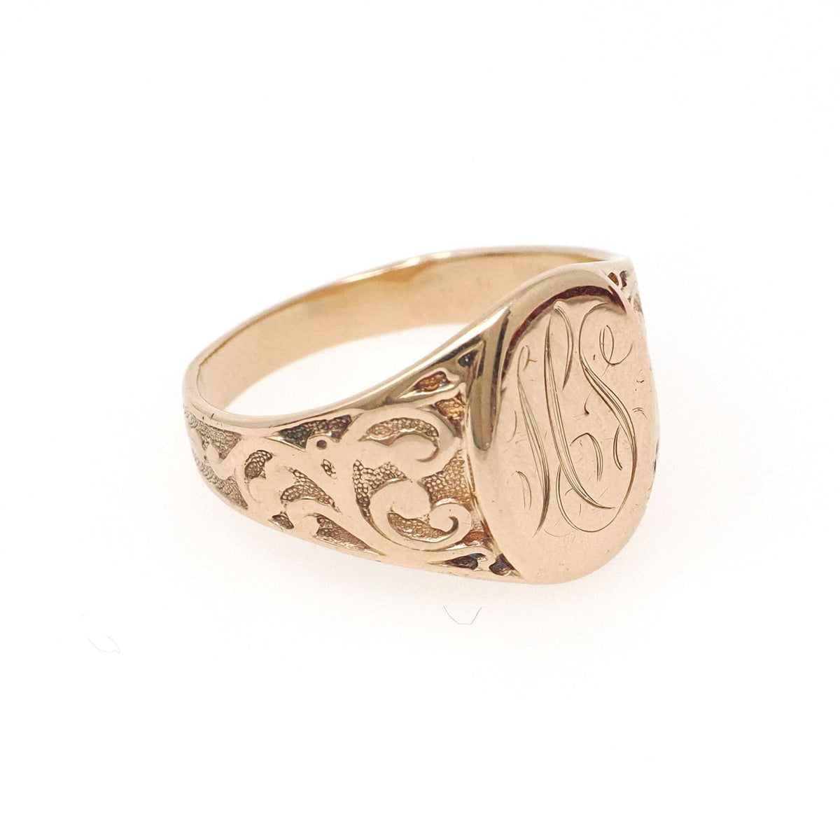 Edwardian Signet Ring - Antique 10k Yellow Gold Oval "MS" Engraved Script Initial Letters - Circa 1910s Size 10 Fine Scroll Engraved Jewelry
