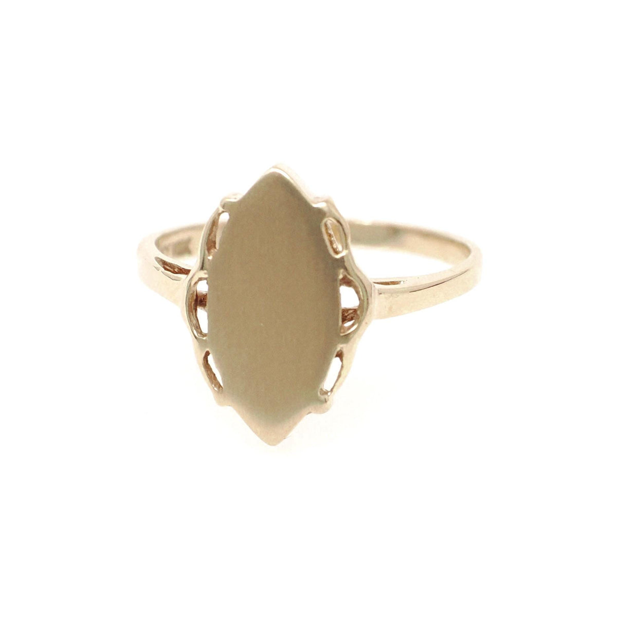 Blank Signet Ring - Modernist 10k Yellow Gold Navette Marquise Scallop Shield - Vintage Circa 1970s Size 4 3/4 Personalizable Fine Jewelry