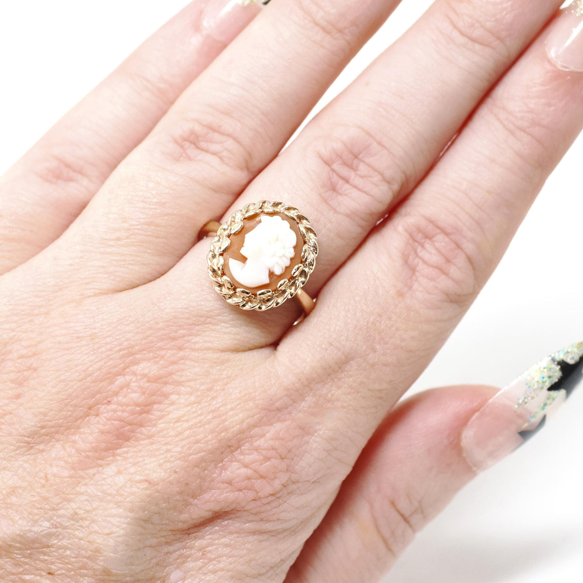 Vintage Cameo Ring - Mid Century 10k Yellow Gold Carved Shell Twisted Rope Halo Style - Circa 1960s Size 6 3/4 Woman's Profile Fine Jewelry