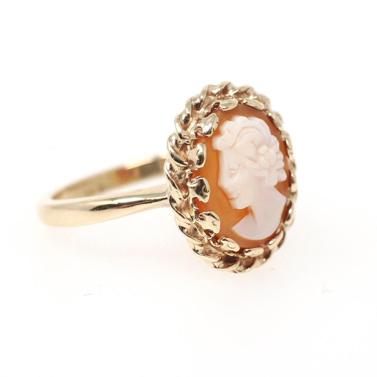 Vintage Cameo Ring - Mid Century 10k Yellow Gold Carved Shell Twisted Rope Halo Style - Circa 1960s Size 6 3/4 Woman's Profile Fine Jewelry