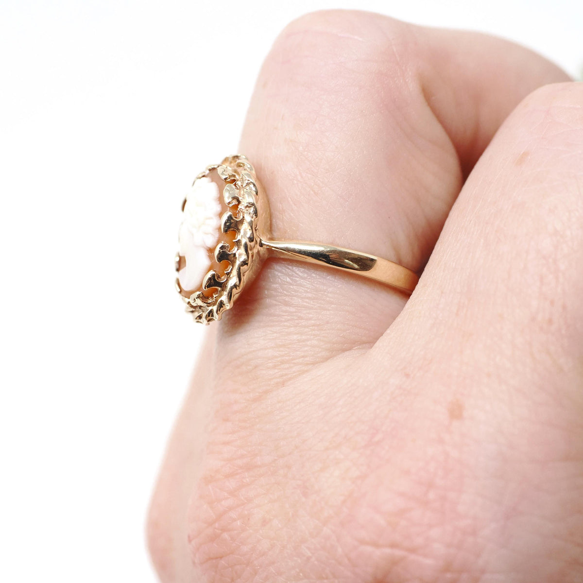 Vintage Cameo Ring - Mid Century 10k Yellow Gold Carved Shell Twisted Rope Halo Style - Circa 1960s Size 6 3/4 Woman's Profile Fine Jewelry