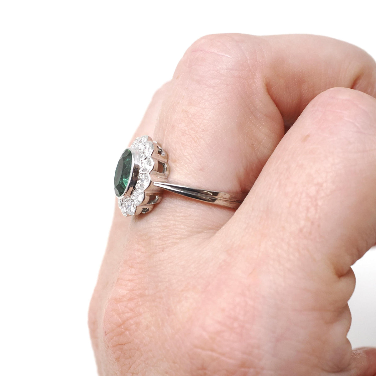 Tourmaline Halo Ring - Contemporary 18k White Gold Natural Oval Green Gem & .32 CTW Diamond Engagement - Circa 2000s Size 6 1/4 Fine Jewelry