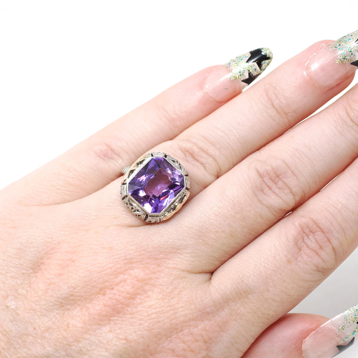 Vintage Filigree Ring - Art Deco 14k White & Rose Gold 8.27 CT Synthetic Color Change Sapphire - Circa 1930s Size 5 Fine Bow Floral Jewelry