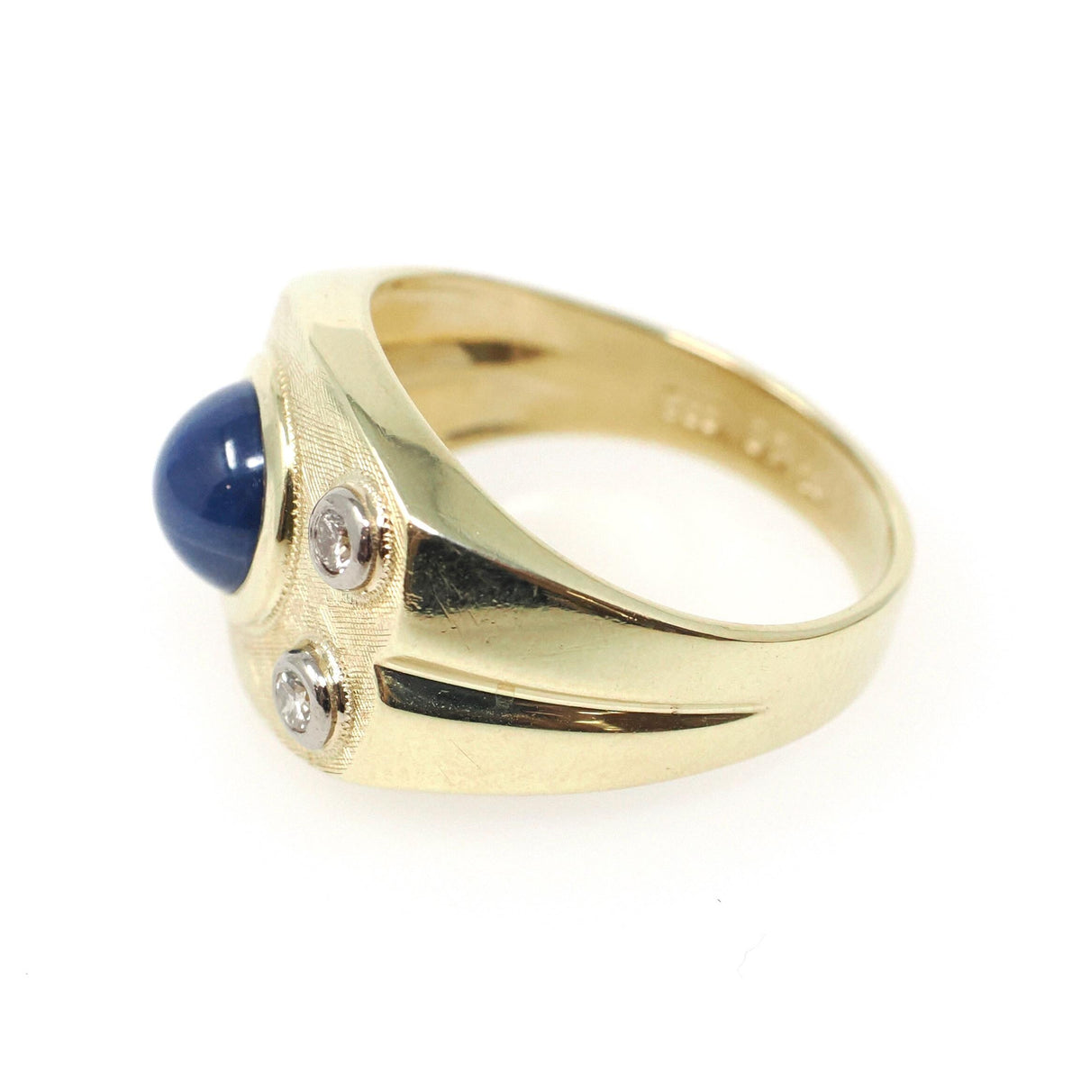 Synthetic Star Sapphire Ring - Modernist 14k Yellow Gold Blue Cabochon Gem & Diamond Accents - Circa 1970s Size 7 3/4 Fine Statement Jewelry