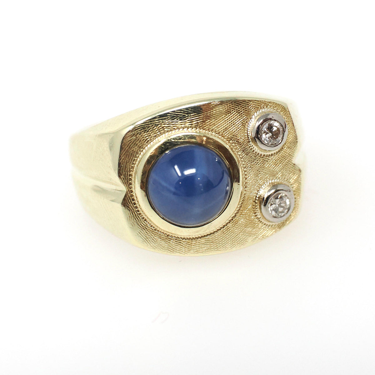 Synthetic Star Sapphire Ring - Modernist 14k Yellow Gold Blue Cabochon Gem & Diamond Accents - Circa 1970s Size 7 3/4 Fine Statement Jewelry