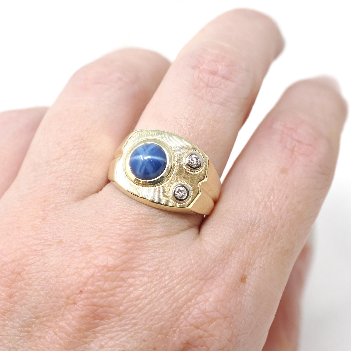 Synthetic Star Sapphire Ring - Modernist 14k Yellow Gold Blue Cabochon Gem & Diamond Accents - Circa 1970s Size 7 3/4 Fine Statement Jewelry
