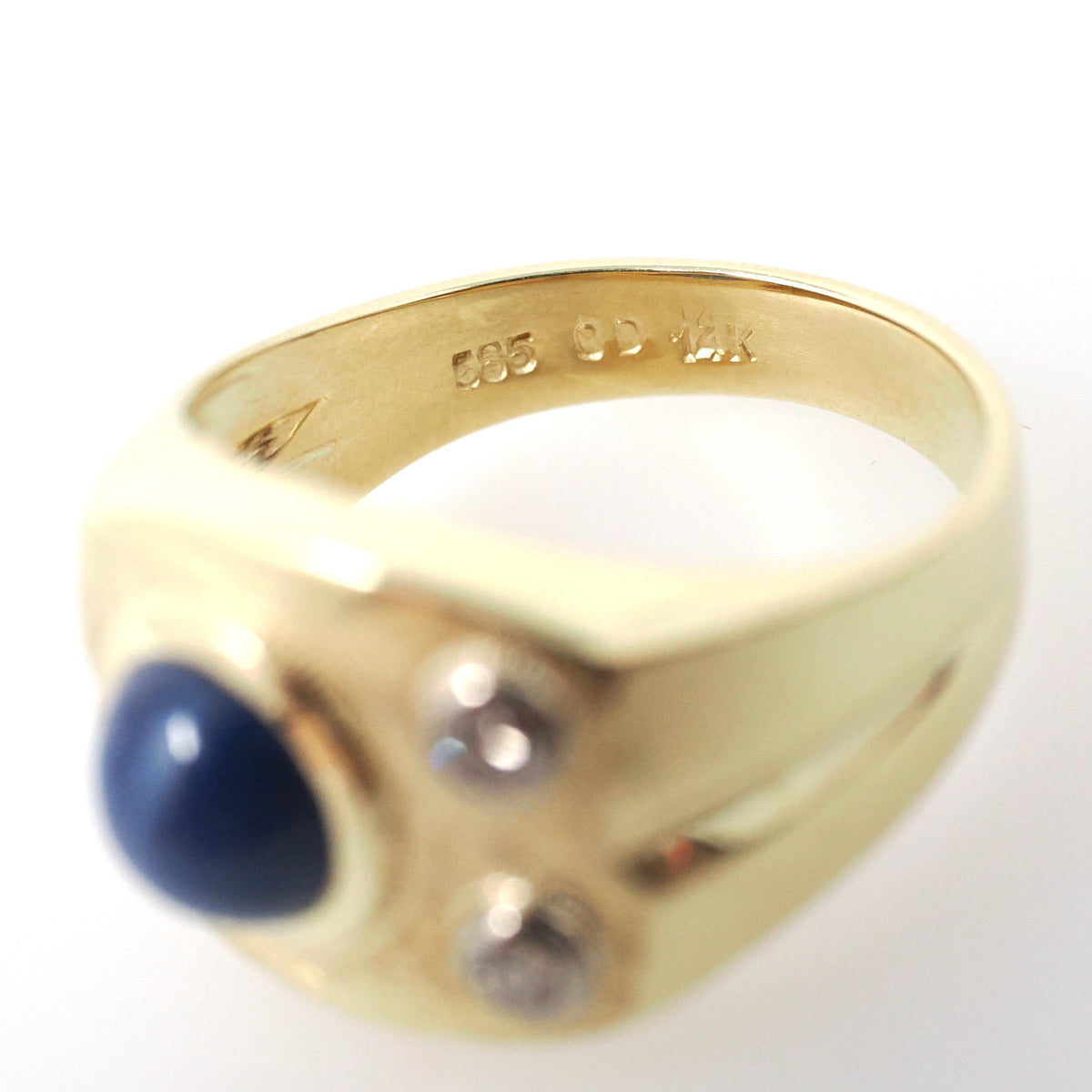 Synthetic Star Sapphire Ring - Modernist 14k Yellow Gold Blue Cabochon Gem & Diamond Accents - Circa 1970s Size 7 3/4 Fine Statement Jewelry