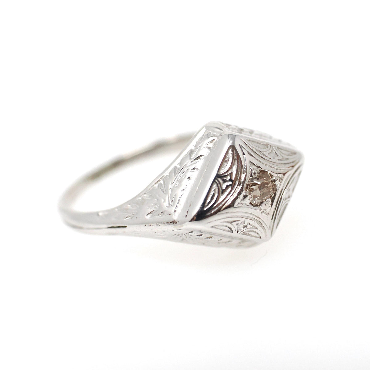 Vintage Diamond Ring - Art Deco 14k White Gold East West Rhombus .08 CT Faint Yellow Solitaire - Circa 1930s Era Size 6 1/2 Fine Jewelry