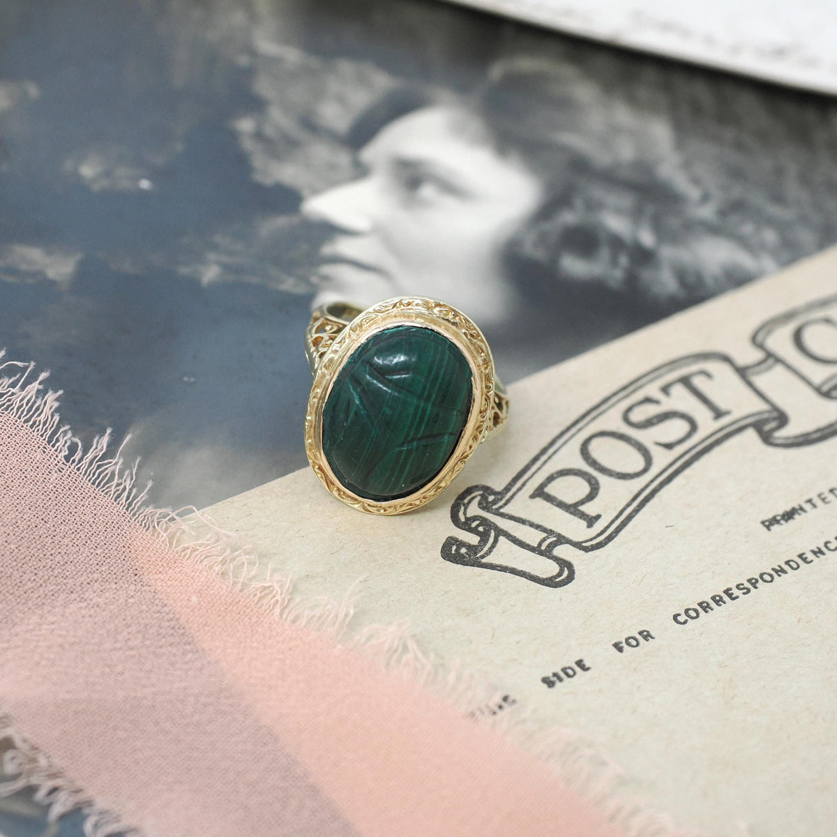Vintage Scarab Ring - Art Deco 14k Yellow Gold Carved Natural Malachite Gem Solitaire - Circa 1930s Size 4 3/4 Egyptian Revival Fine Jewelry