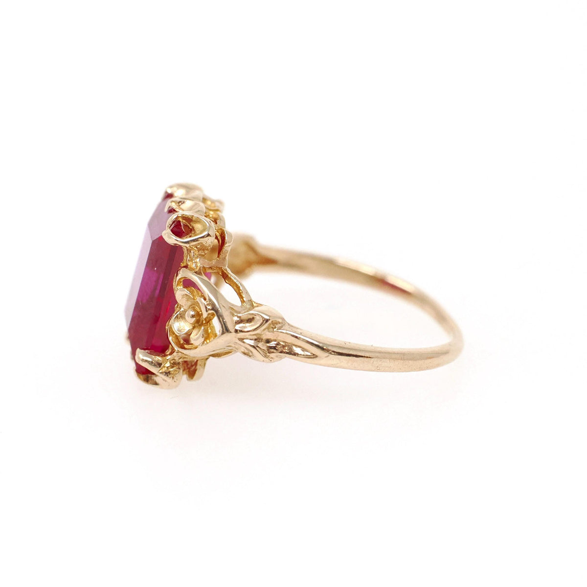Vintage Floral Ring - Retro Era 10k Yellow Gold Synthetic Ruby Statement - Circa 1940s Size 6 1/4 Flower Heart July Birthstone Fine Jewelry