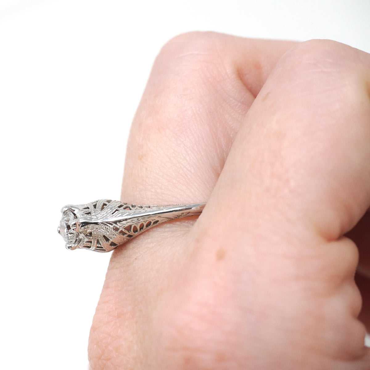Antique Diamond Ring - Art Deco 18k White Gold Natural .43 CT Filigree Solitaire Engagement - Circa 1920s Era Size 8 Fine Bridal Jewelry