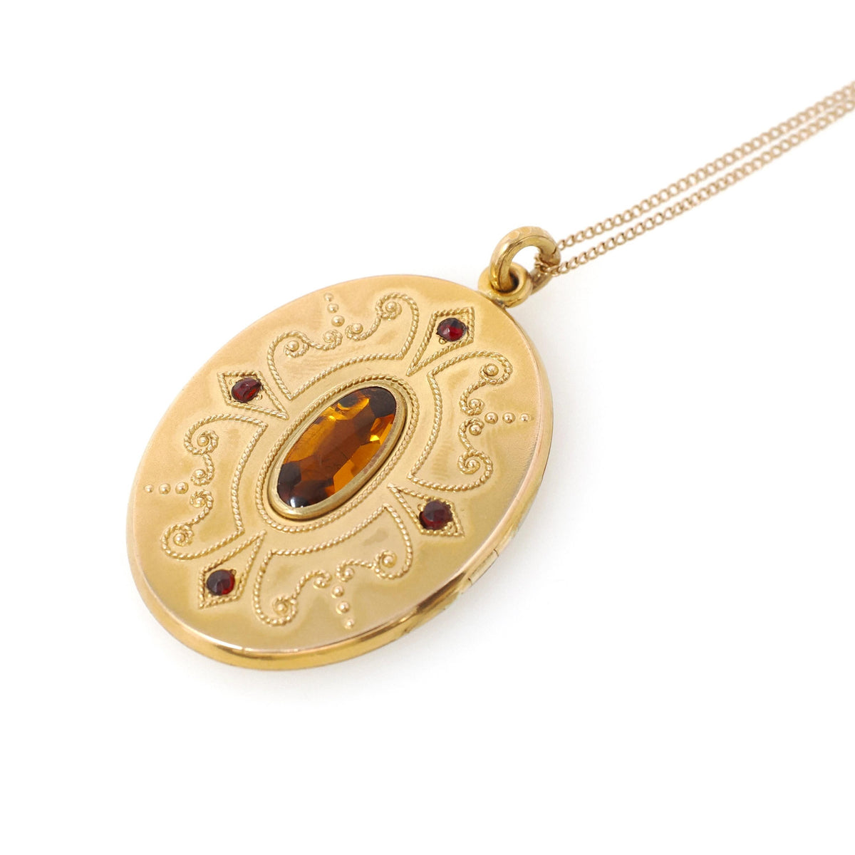 Art Nouveau Locket - Antique Gold Filled Simulated Citrine Glass Pendant Necklace - Edwardian Circa 1910s Era Oval Statement W&H Co Jewelry
