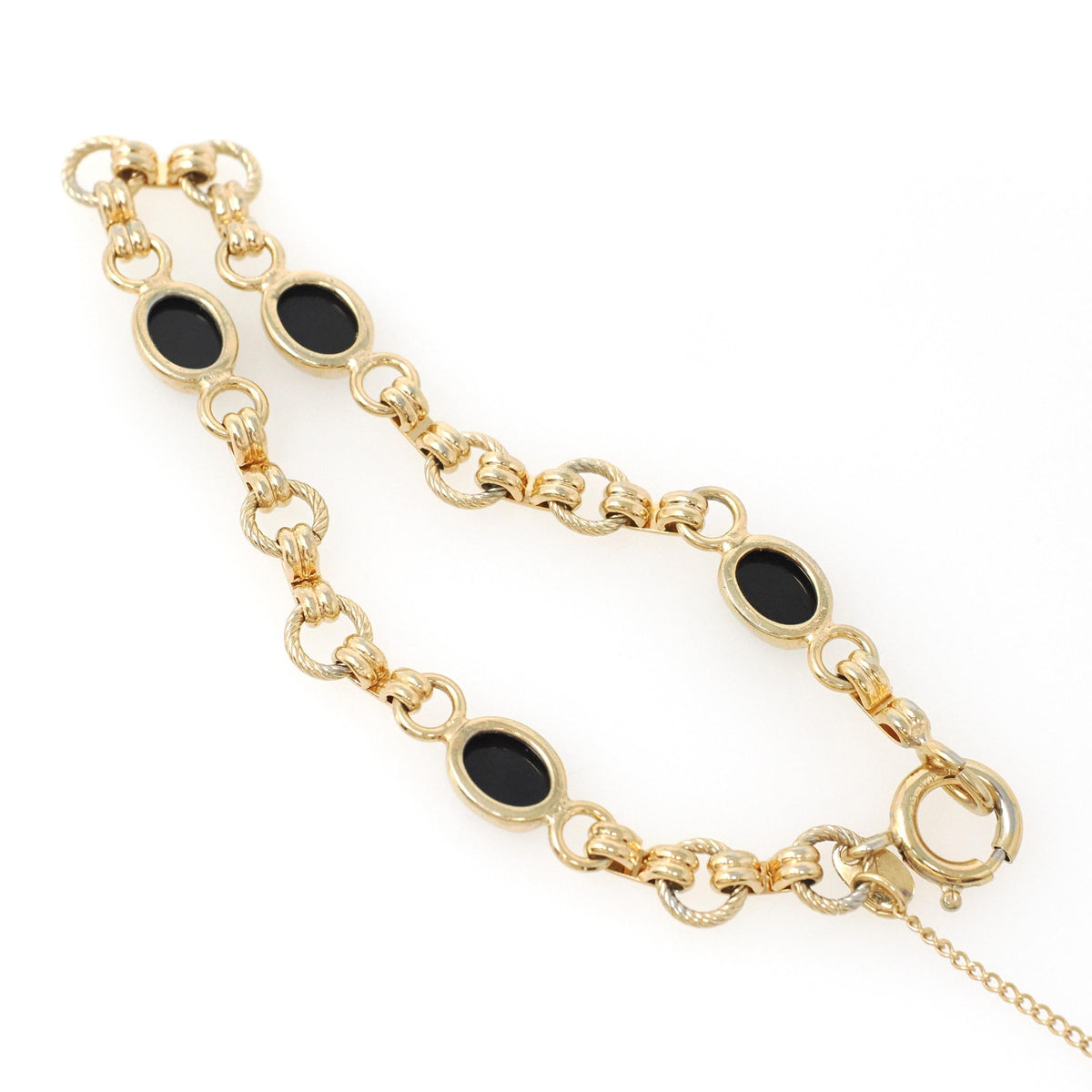 Vintage Onyx Bracelet - Modernist 12k Gold Filled Natural Oval Black Chalcedony Gemstone Links - Circa 1960s 7 Inches Safety Chain Jewelry
