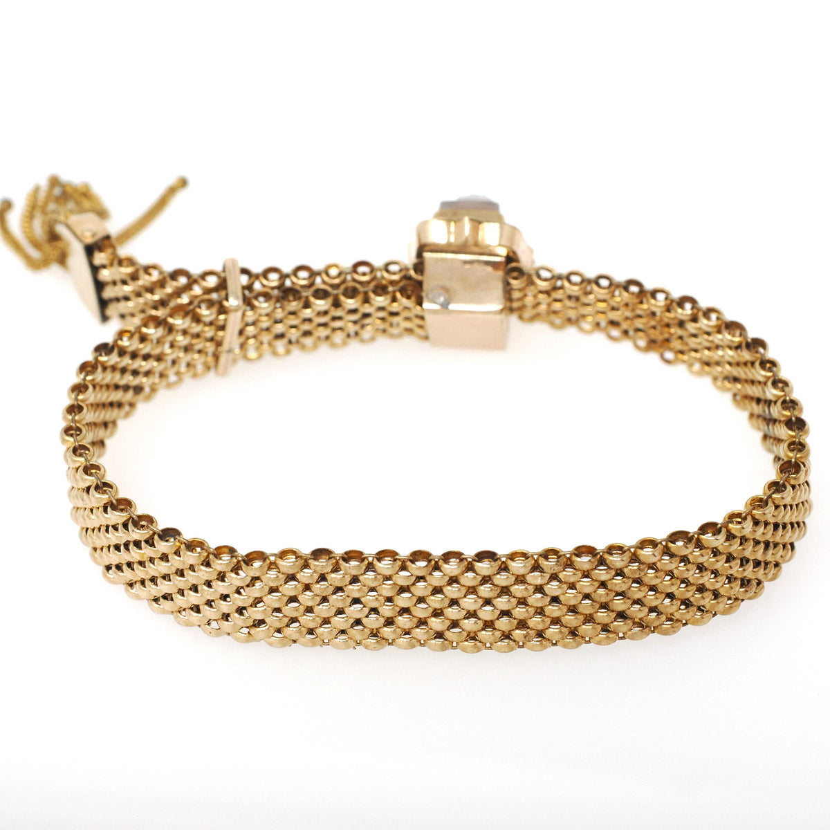 Antique Mesh Bracelet - Victorian Gold Filled Adjustable Woven Tassel Sardonyx Cameo Statement - Circa 1890s Era Carved Woman Fine Jewelry