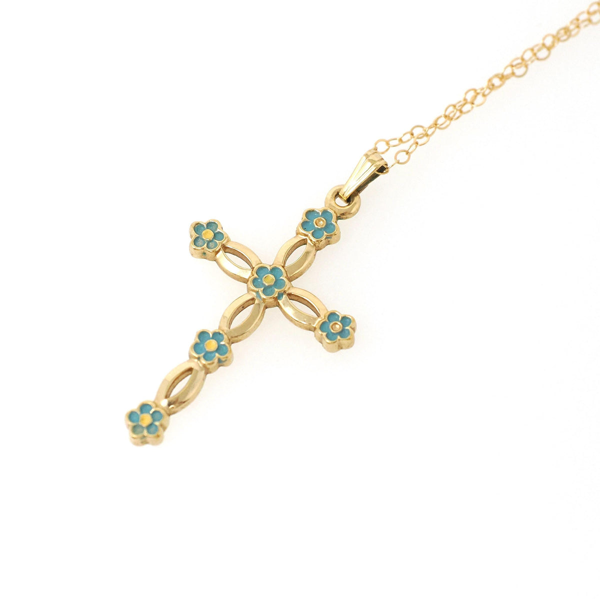 Vintage Cross Necklace - Mid Century 12k Gold Filled Blue Floral Enamel Pendant Charm - Circa 1960s Era Statement Religious Faith Jewelry