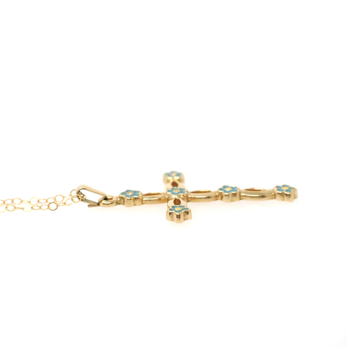 Vintage Cross Necklace - Mid Century 12k Gold Filled Blue Floral Enamel Pendant Charm - Circa 1960s Era Statement Religious Faith Jewelry