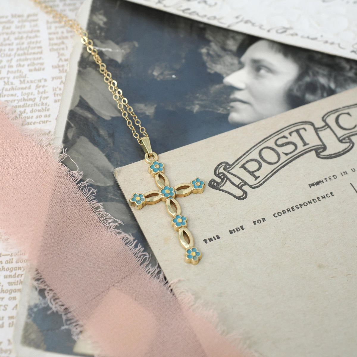 Vintage Cross Necklace - Mid Century 12k Gold Filled Blue Floral Enamel Pendant Charm - Circa 1960s Era Statement Religious Faith Jewelry