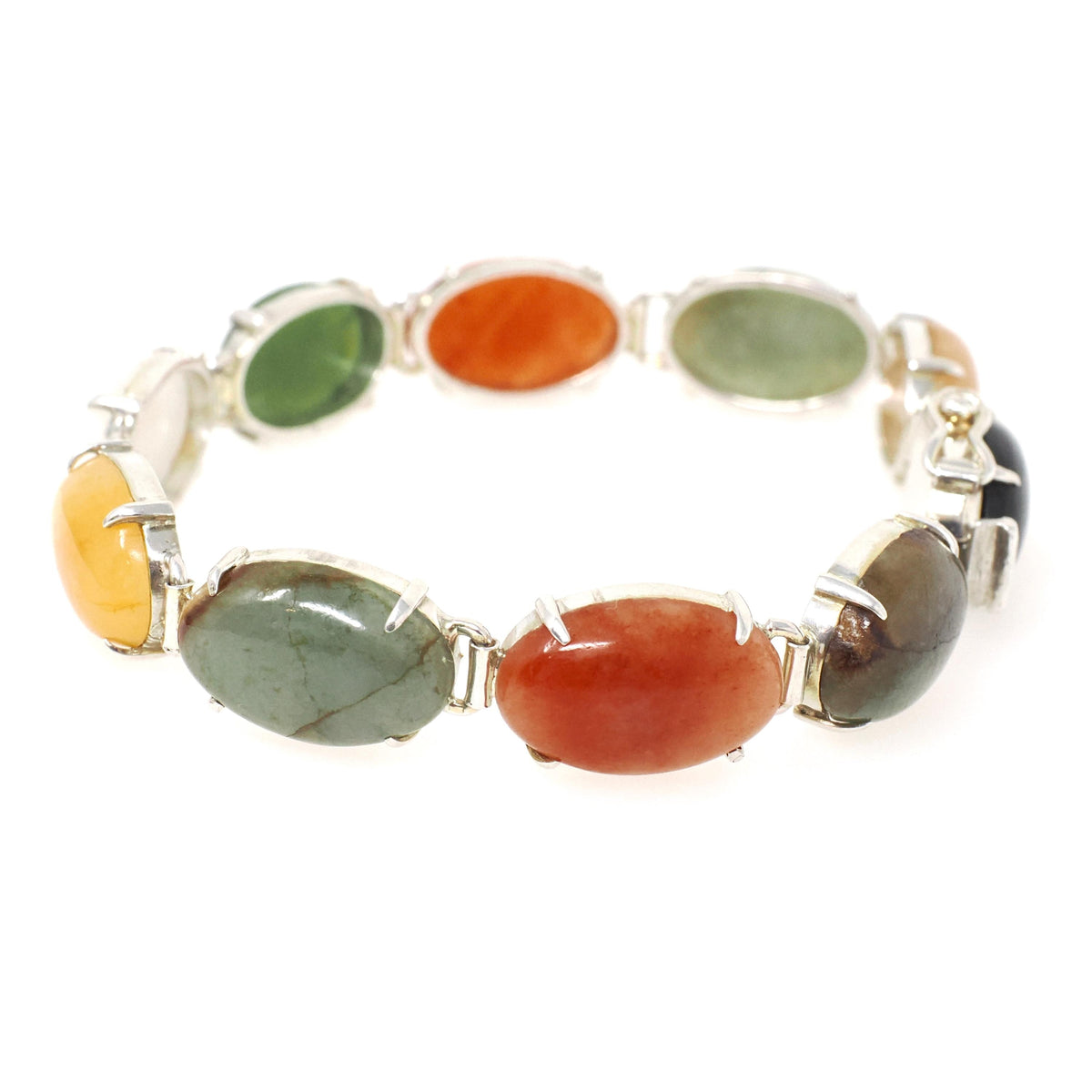 Vintage Gemstone Bracelet - Contemporary Sterling Silver Oval Cut Jadeite & Nephrite Jade Quartz - Circa 1990s 7 Inches Earth Tone Jewelry