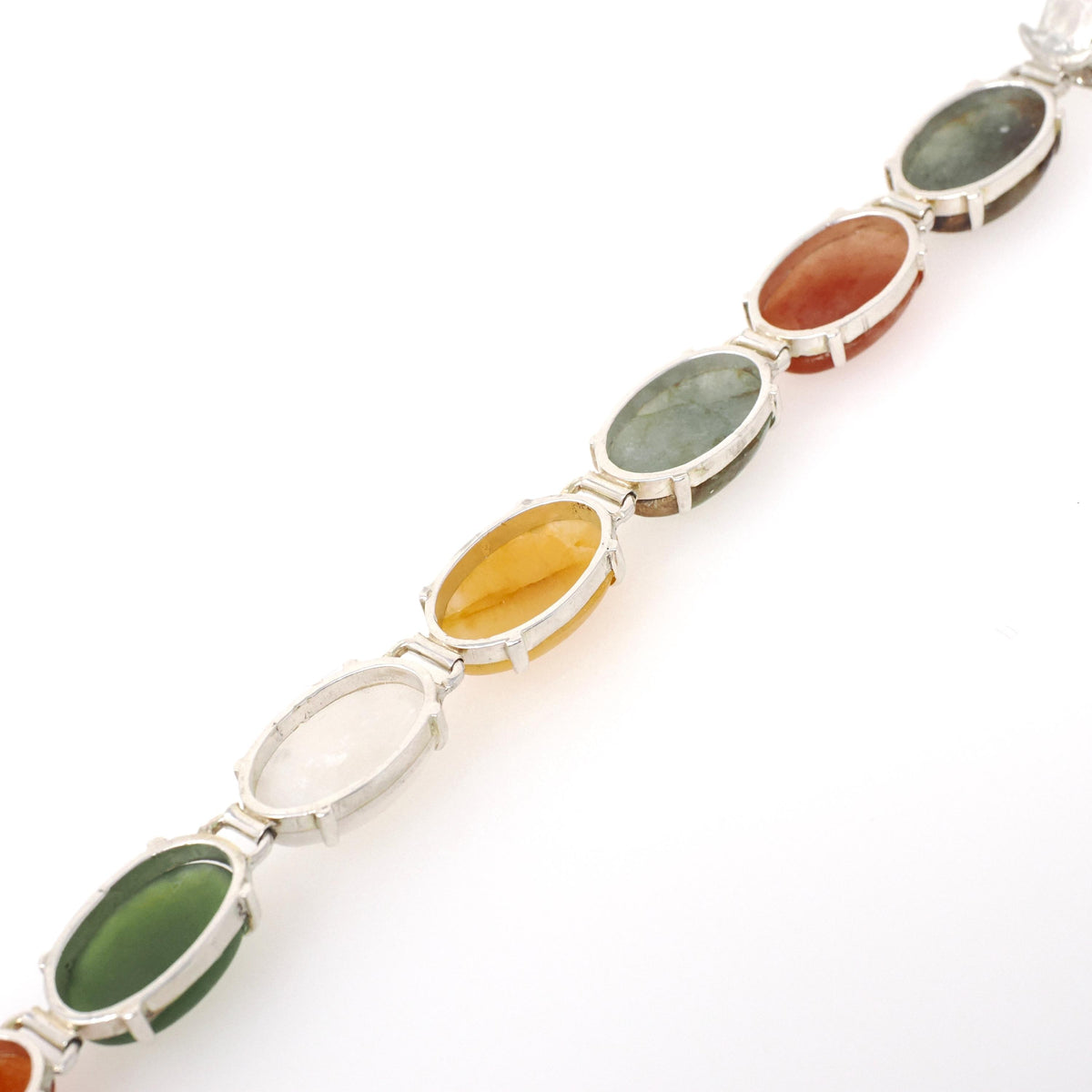 Vintage Gemstone Bracelet - Contemporary Sterling Silver Oval Cut Jadeite & Nephrite Jade Quartz - Circa 1990s 7 Inches Earth Tone Jewelry