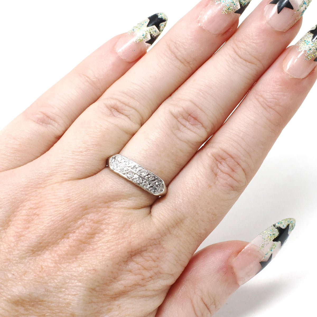 Mid Century Diamond Ring - Vintage 14k White Gold .27 CTW Two Row Wedding Band - Circa 1950s Size 7 Fine Stacking Anniversary Bridal Jewelry