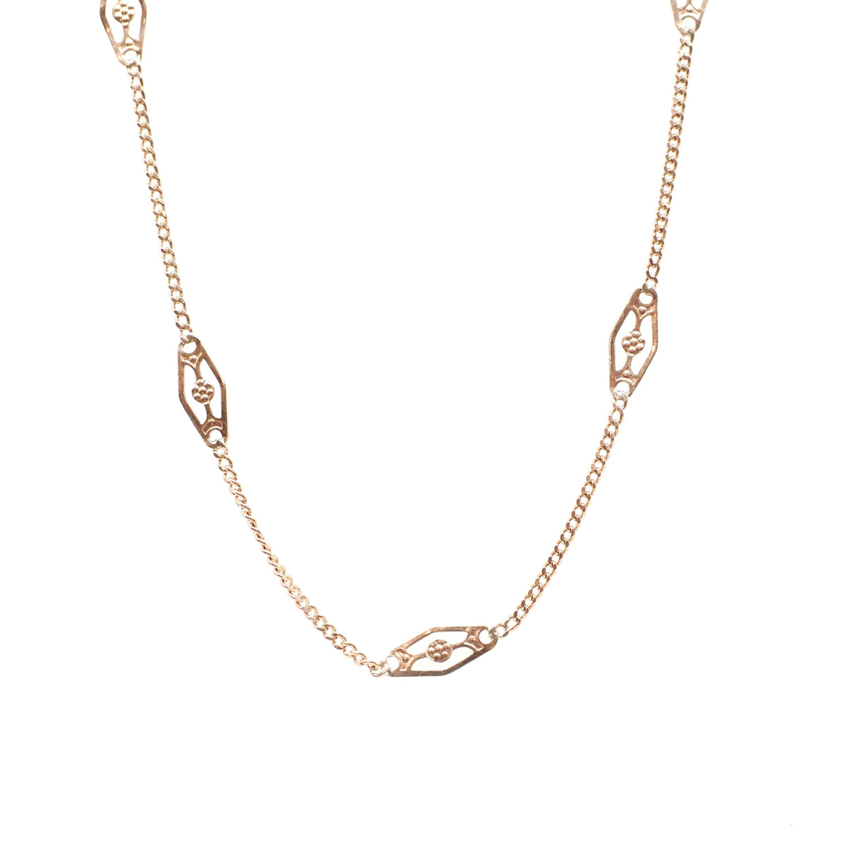 Vintage Station Necklace - Modernist 10k Yellow Gold Orange Blossom Chain - Circa 1970s Era 18 1/2 Inches Spring Ring Clasp Fine Jewelry
