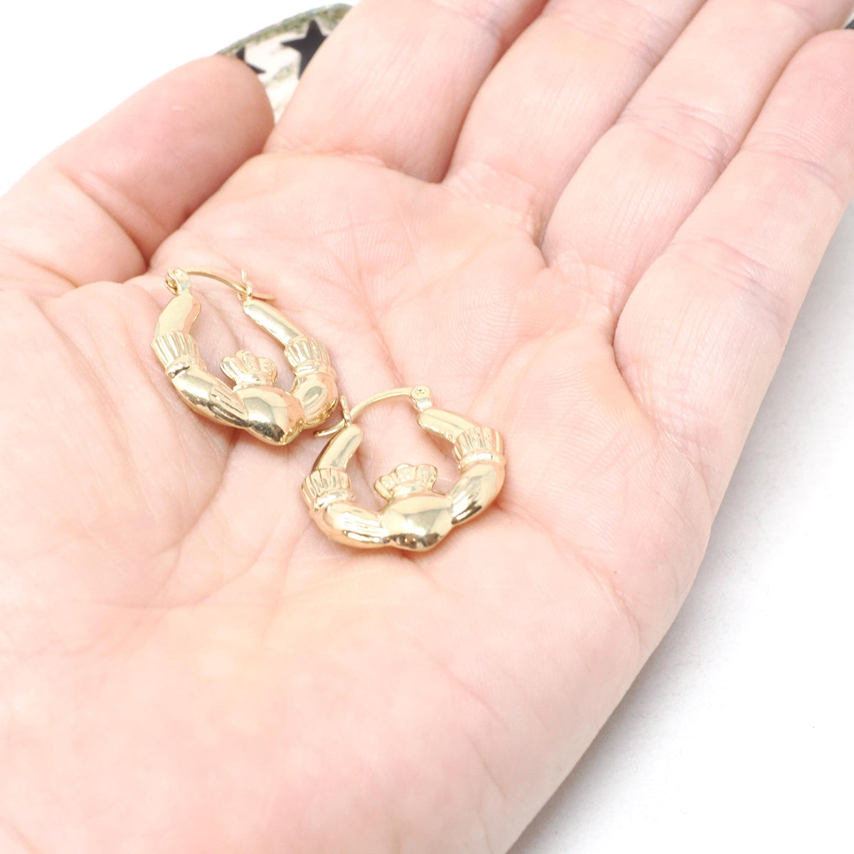 Claddagh Hoop Earrings - Estate 14k Yellow Gold Irish Heart Crown Clasped Hands - Modern Circa 2000s Era Love Loyalty Friendship Y2K Jewelry