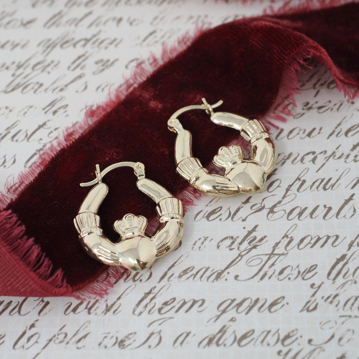 Claddagh Hoop Earrings - Estate 14k Yellow Gold Irish Heart Crown Clasped Hands - Modern Circa 2000s Era Love Loyalty Friendship Y2K Jewelry