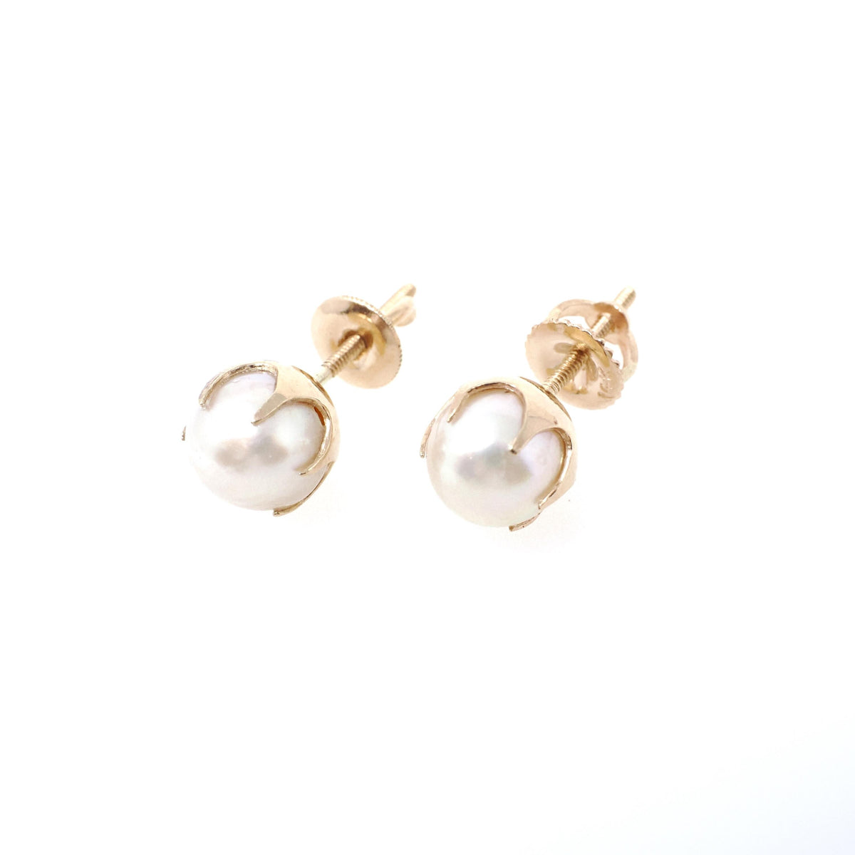Cultured Pearl Earrings - Mid Century 10k Yellow Gold Round White Organic Gemstone Studs - Circa 1960s Era Fine Post June Birthstone Jewelry