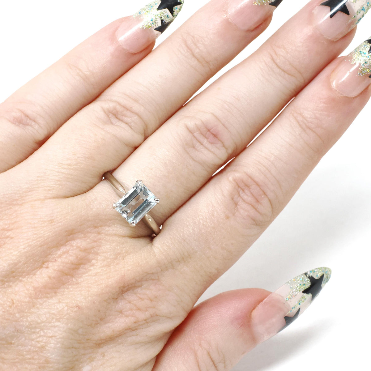 Aquamarine Solitaire Ring - Contemporary 14k White Gold Emerald Cut Natural Light Blue Gem - Circa 2000s Size 7 March Birthstone Jewelry