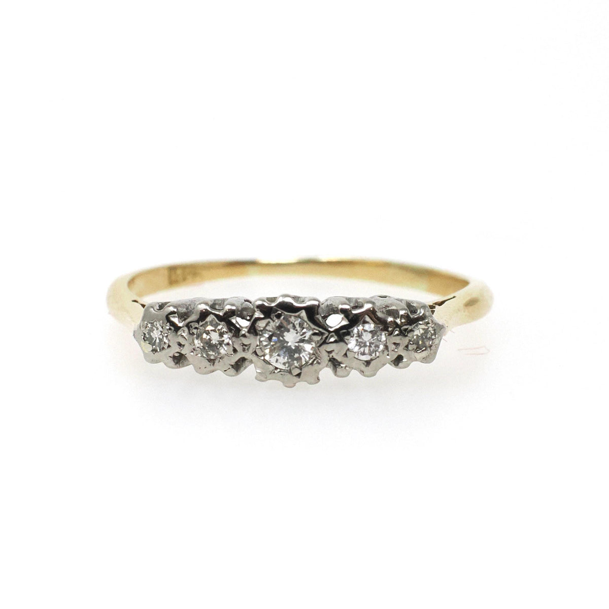 Star Diamond Ring - Mid Century 18k Yellow & White Gold Two Tone .16 CTW Graduated Band - Circa 1950s Era Size 9 Fine Stacking 50s Jewelry