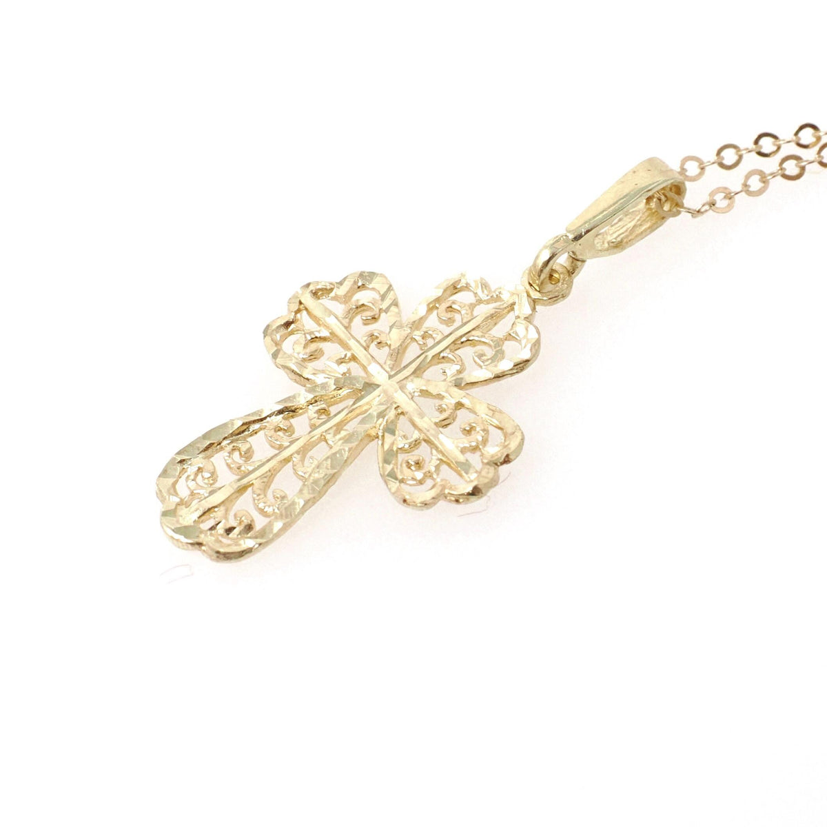 Contemporary Cross Pendant - Estate 10k Yellow Gold Diamond Cut Filigree Pendant Necklace - Circa 2000's Era Religious Faith Fine Jewelry