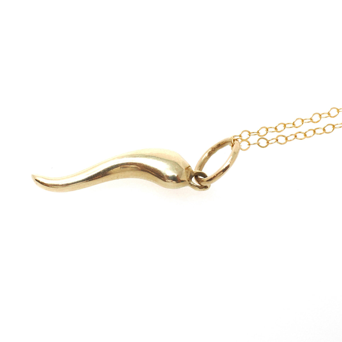 Italian Horn Charm - Contemporary 14k Yellow Gold Cornicello Good Luck Pendant Necklace - Circa 1990s Era Ward Off Evil Amulet Fine Jewelry