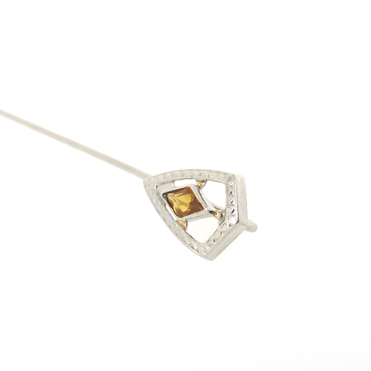 Art Deco Stick Pin - Vintage 14k White Gold Simulated Citrine Stone - Circa 1930s Era Tie Lapel Fine Orange Glass Belais Unisex Jewelry