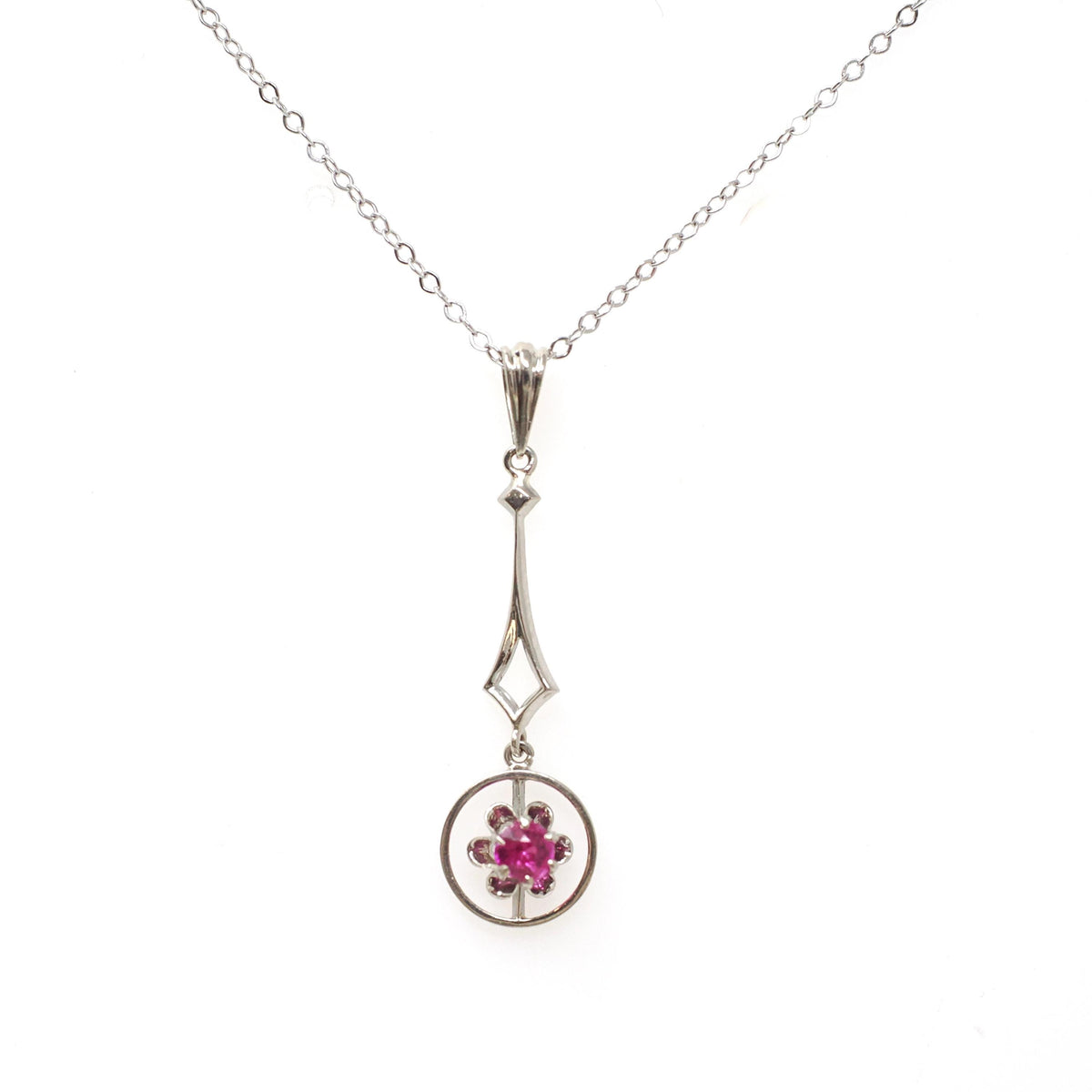 Art Deco Pendant - Vintage 14k White Gold Created Red Ruby Gemstone Charm Necklace - Circa 1930s Buttercup Lavalier Fine Statement Jewelry