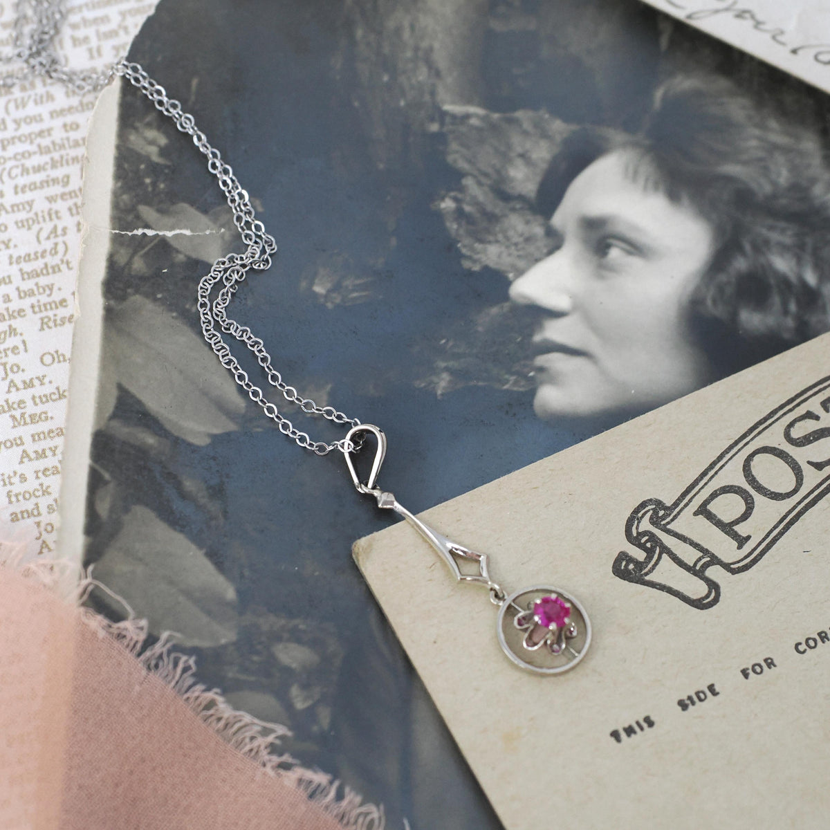 Art Deco Pendant - Vintage 14k White Gold Created Red Ruby Gemstone Charm Necklace - Circa 1930s Buttercup Lavalier Fine Statement Jewelry
