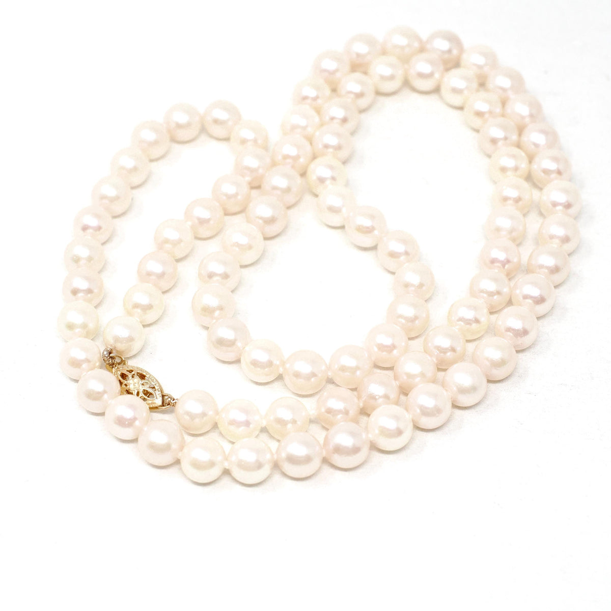 Cultured Pearl Necklace - Contemporary 14k Yellow Gold Filigree Clasp Knotted Strand - Circa 90s Organic 6.5MM High Luster Gem Fine Jewelry