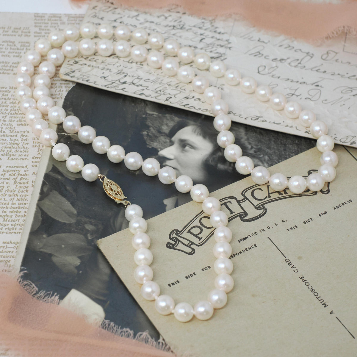 Cultured Pearl Necklace - Contemporary 14k Yellow Gold Filigree Clasp Knotted Strand - Circa 90s Organic 6.5MM High Luster Gem Fine Jewelry