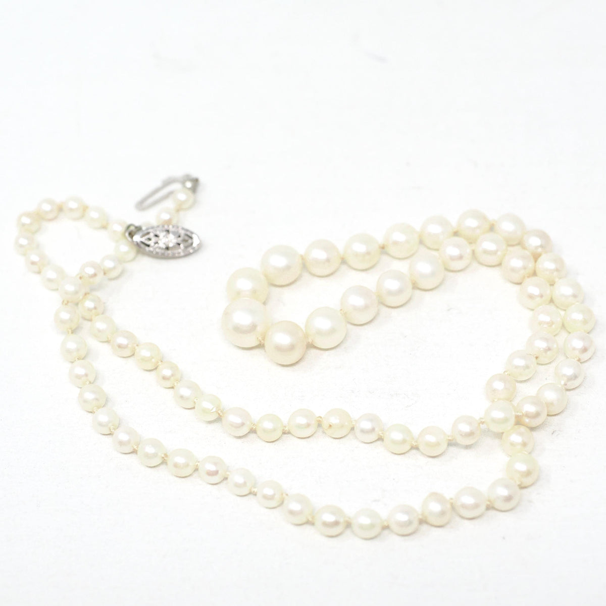Cultured Pearl Necklace - Mid Century 14k & 10k White Gold Individually Knotted Graduated Strand - Vintage Circa 1950s Era Statement Jewelry
