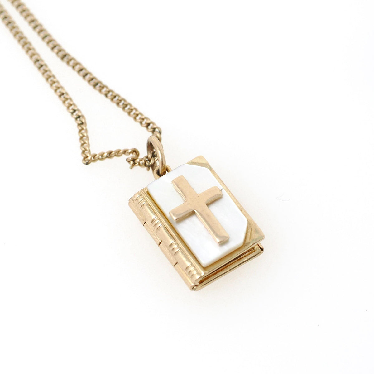 Vintage Bible Locket - Mid Century 14k Gold Filled Mother Of Pearl Cross Necklace Pendant Book - 1950s Era The Lord's Prayer JMF Co Jewelry