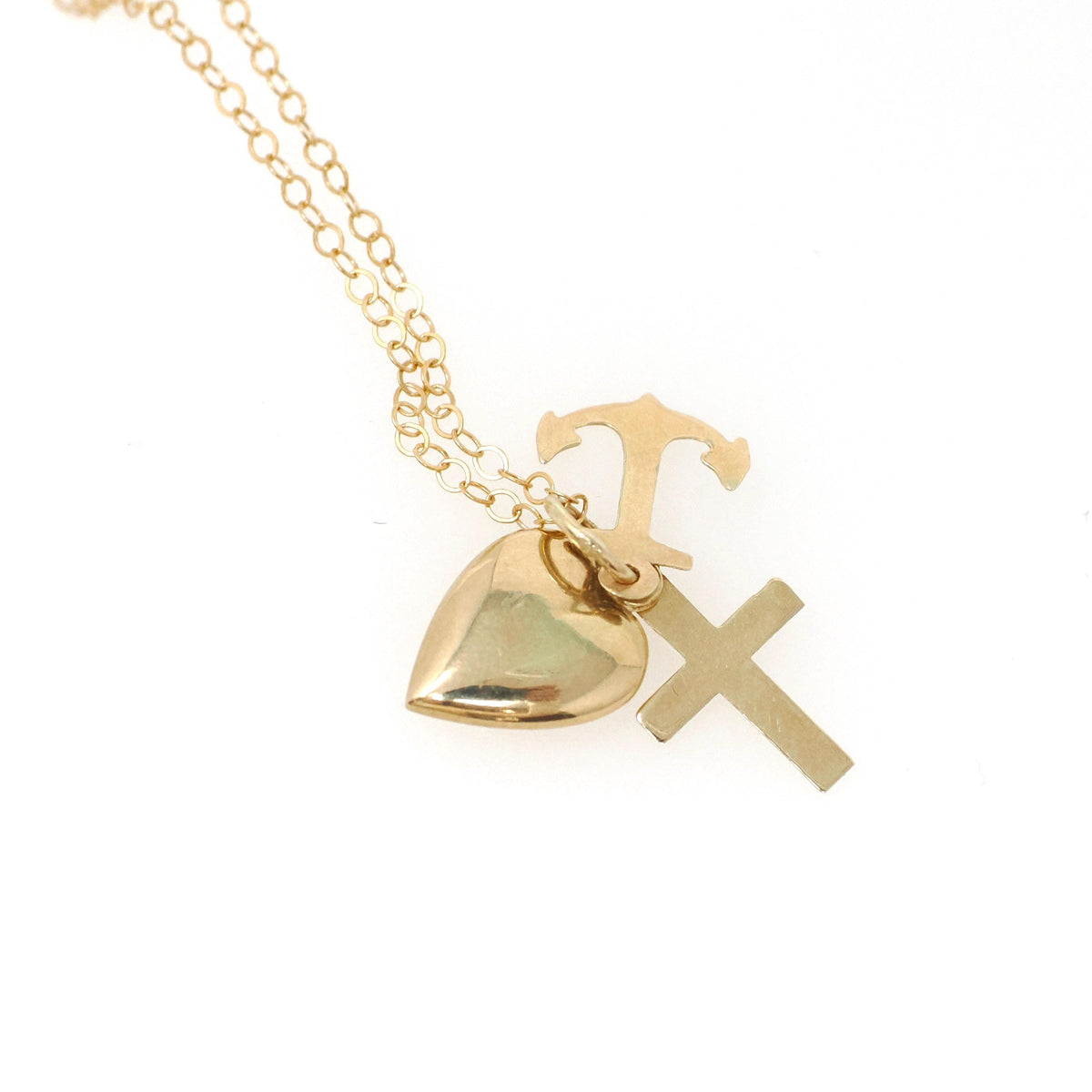 Modern Charm Necklace - Contemporary 14k Yellow Gold Cross Anchor Heart Pendants - Circa 2000s Era Faith Hope Charity Religious Fine Jewelry