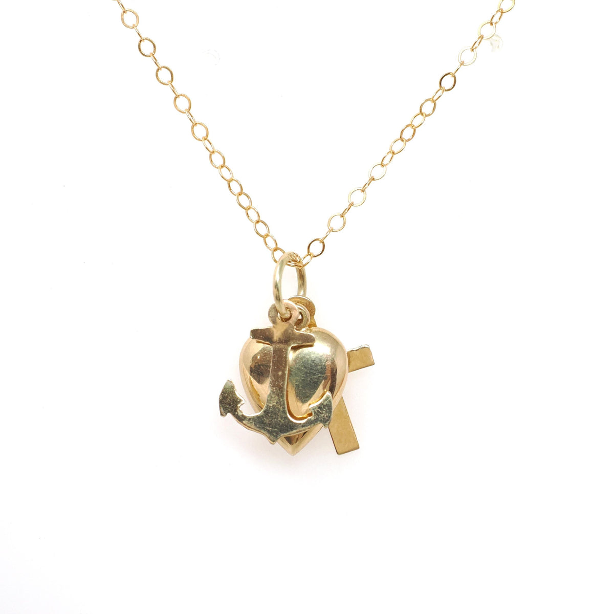 Modern Charm Necklace - Contemporary 14k Yellow Gold Cross Anchor Heart Pendants - Circa 2000s Era Faith Hope Charity Religious Fine Jewelry