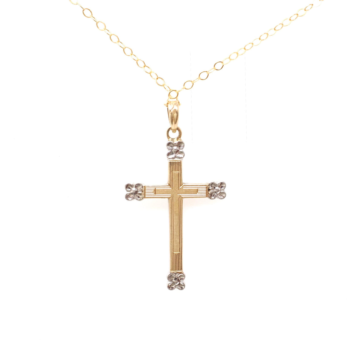 Vintage Cross Necklace - Retro 10k Yellow & White Gold Engraved Design Pendant - Circa 1940s Era Religious Faith Fine Signed Esemco Jewelry