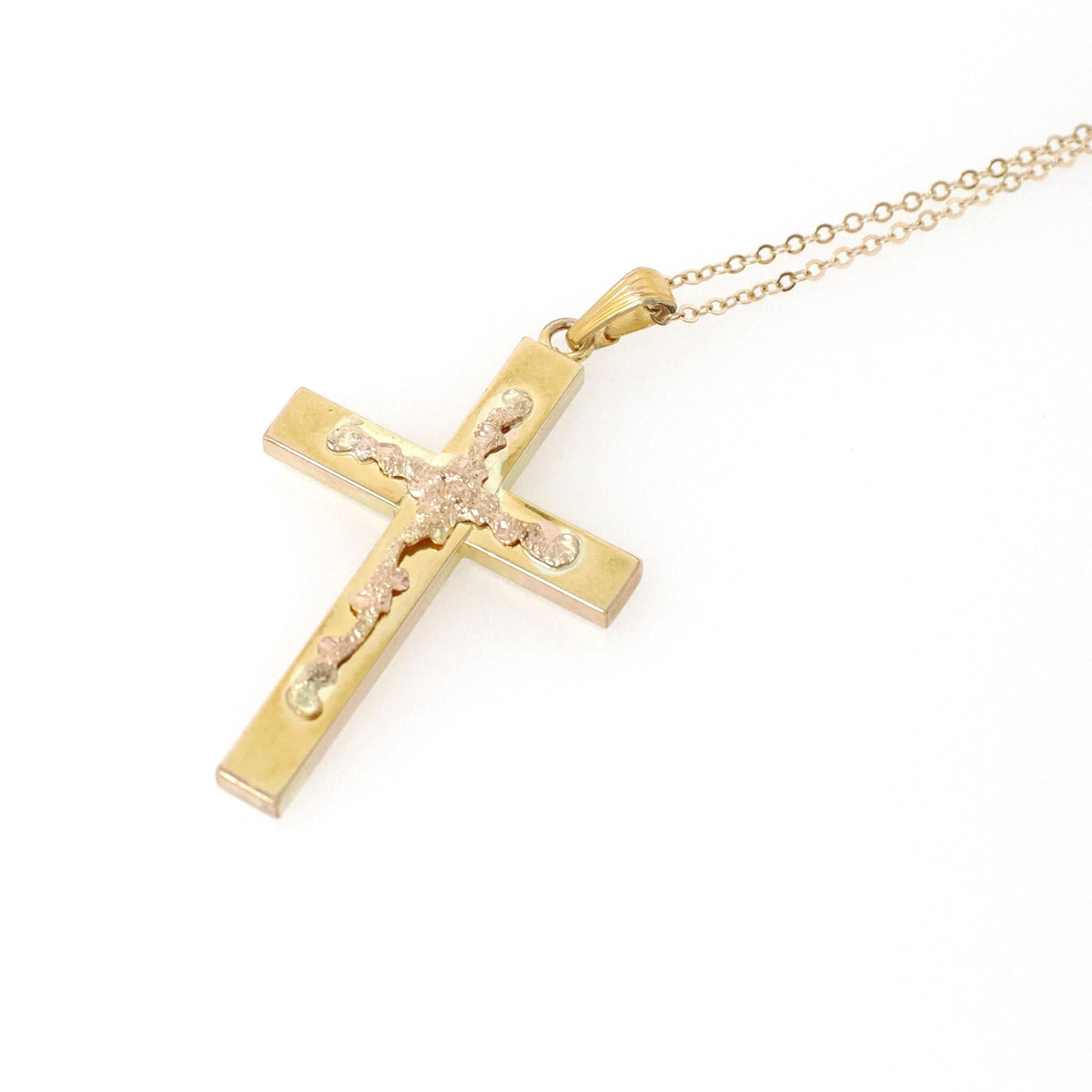 Vintage Cross Necklace - Mid Century 12k Gold Filled Rose Gold Flowers Pendant - Circa 1960s Era Religious Faith Signed Sturdy Jewelry