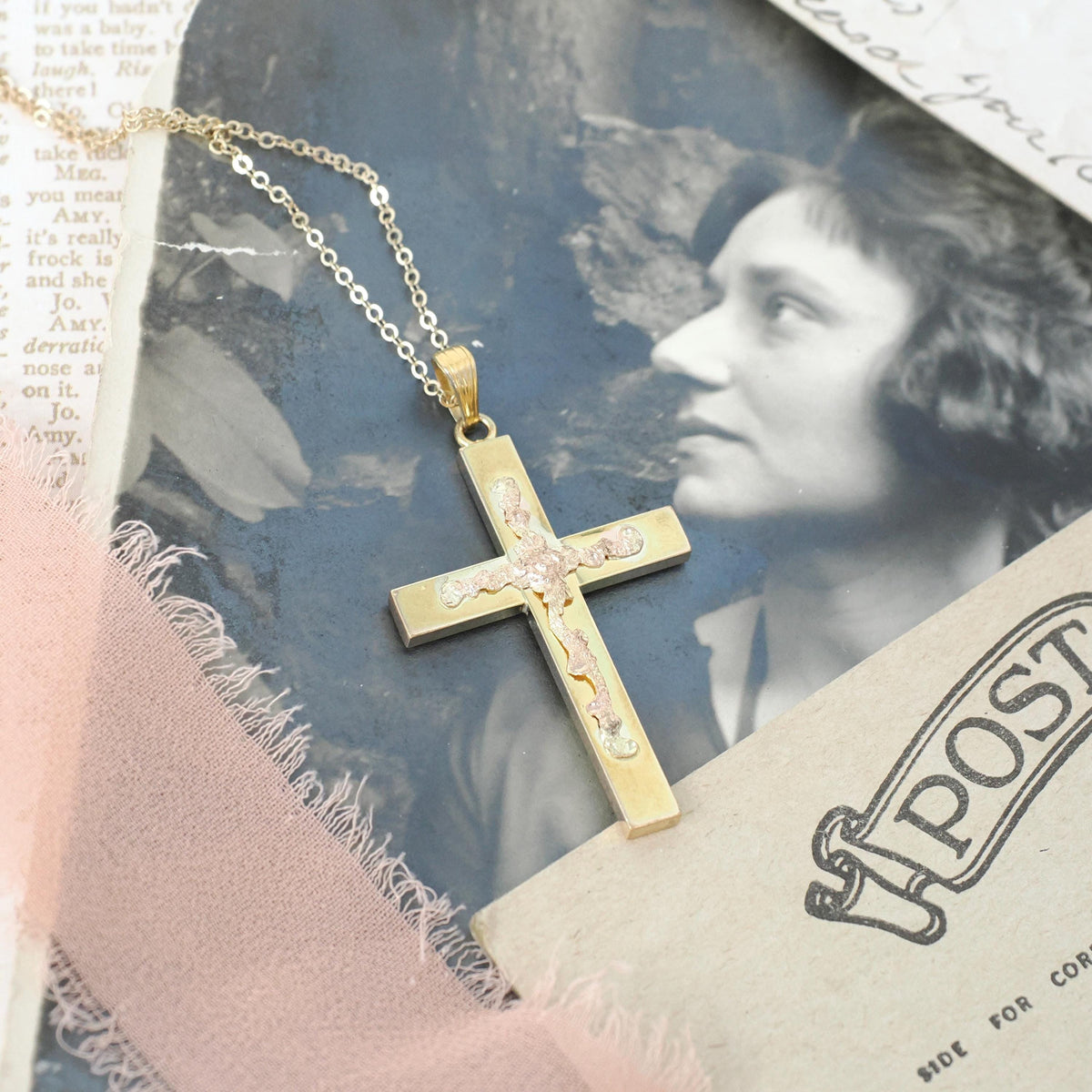 Vintage Cross Necklace - Mid Century 12k Gold Filled Rose Gold Flowers Pendant - Circa 1960s Era Religious Faith Signed Sturdy Jewelry