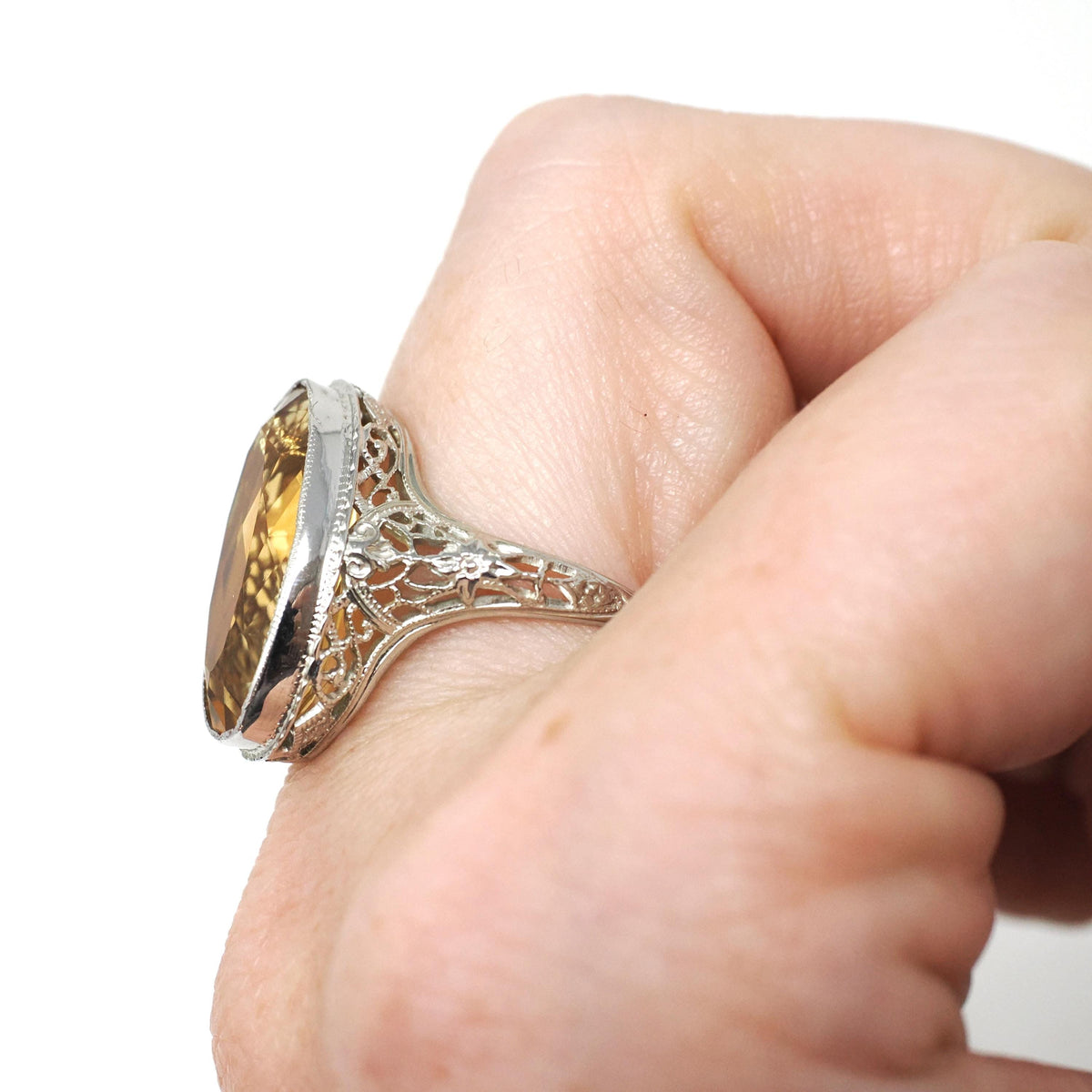 Vintage Citrine Ring - Art Deco 18k White Gold Flower Filigree Oval Faceted Orange Gemstone - Vintage Circa 1930s Era Size 7.5 Fine Jewelry